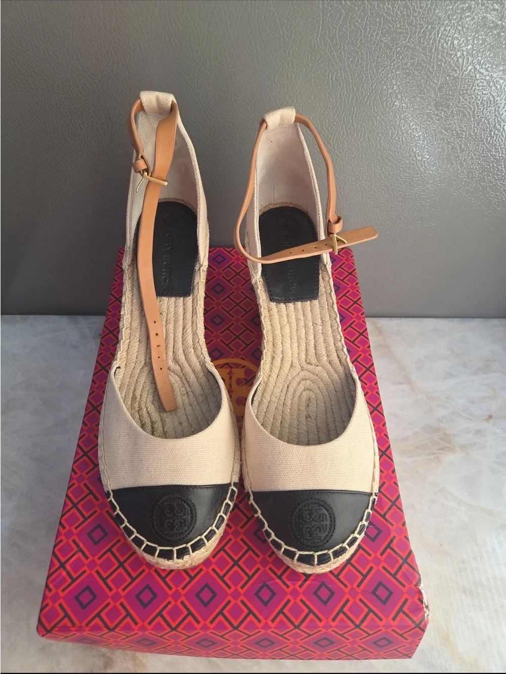 Tory Burch Beige Canvas Espadrille Wedges like new View all pics